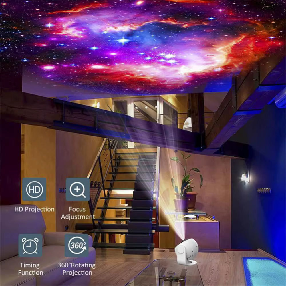 Galaxy projector casting a colorful nebula across a living room ceiling, with timer and 360-degree rotation