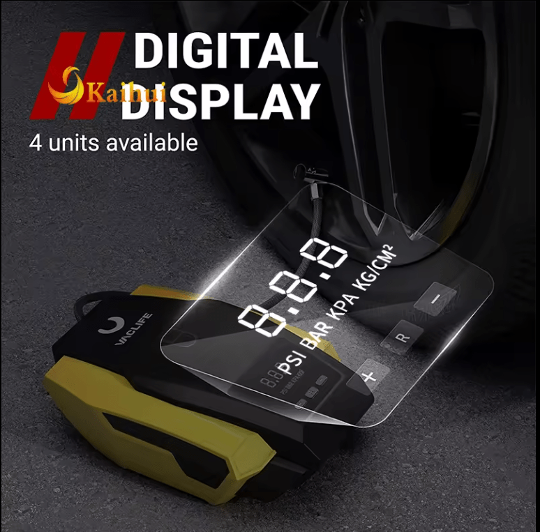 Handheld air pump.  Long Power Cord. Multiple Nozzles. Compact Design. Portable Air Pump. Lightweight Inflator. Car Tire Maintenance.