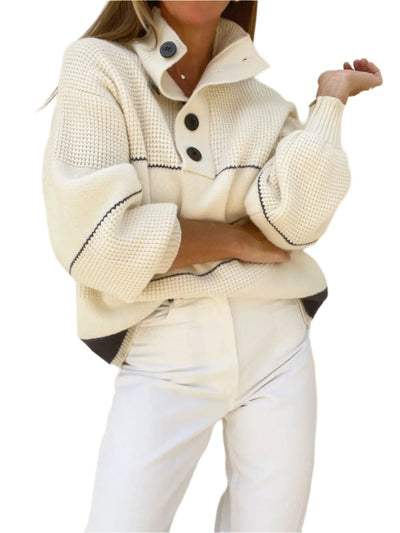 Effortless Elegance Waffle-Knit Half Button Pullover Sweater with Polo Collar. Polo sweater. Waffle-knit sweater. Half button sweater. Polo collar sweater. Striped pullover.