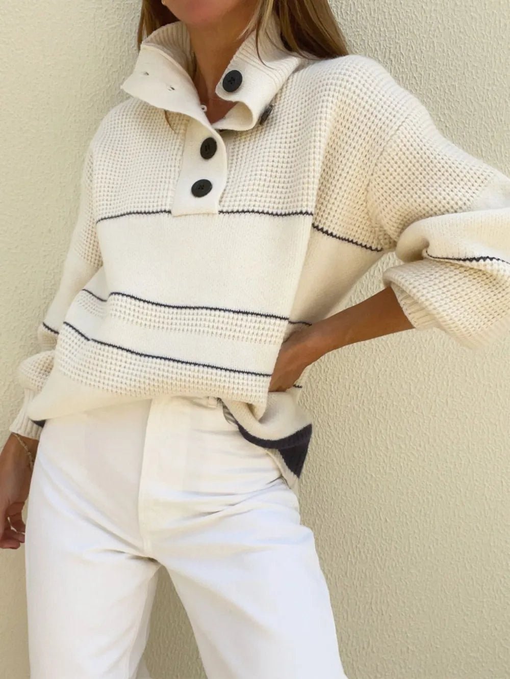 Travel companion sweater. Rest and relax sweater. Women's knitwear. Trendy knit sweater. Striped sweater. Contemporary sweater. Modern pullover with buttons.