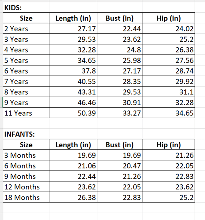 Matching PJs Kids and Infant Size chart