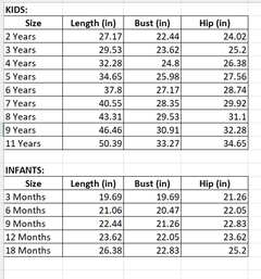 Matching PJs Kids and Infant Size chart