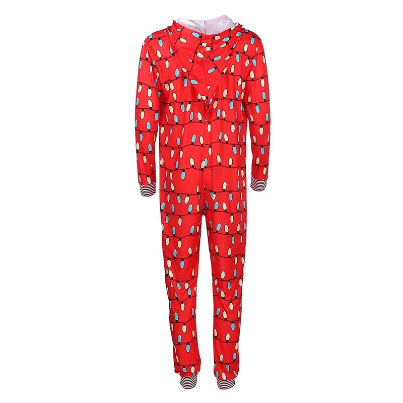 Matching holiday jumpsuits for kids and parents. Cozy family Christmas sleepwear. Infant Christmas romper with hood.