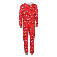 Matching holiday jumpsuits for kids and parents. Cozy family Christmas sleepwear. Infant Christmas romper with hood.