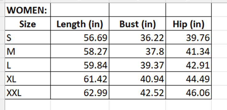 Matching Christmas PJs Women's size chart