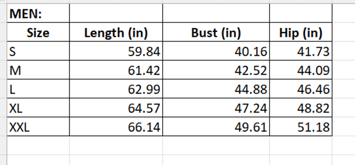 Matching Christmas PJs Men's size chart