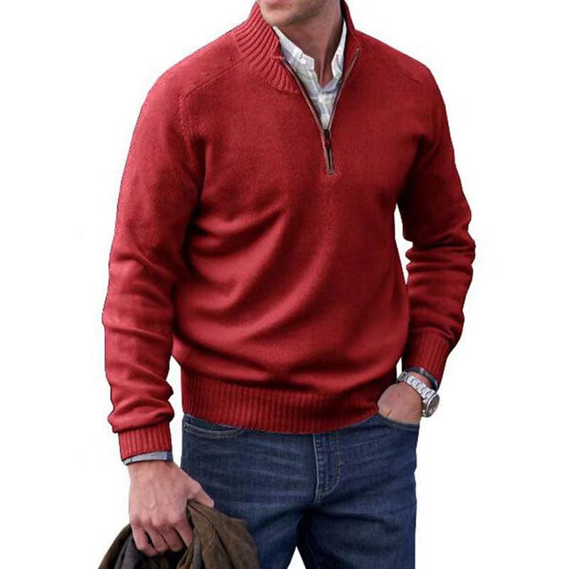Men's sweater with zipper collar. Loose fit pullover for men. Men's spring sweater style. Modern business casual pullover.