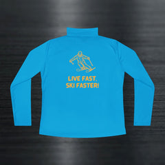 Quarter zipper long sleeve performance sweatshirt for women. High-quality athleticwear for ladies. Fitted graphic top for women.