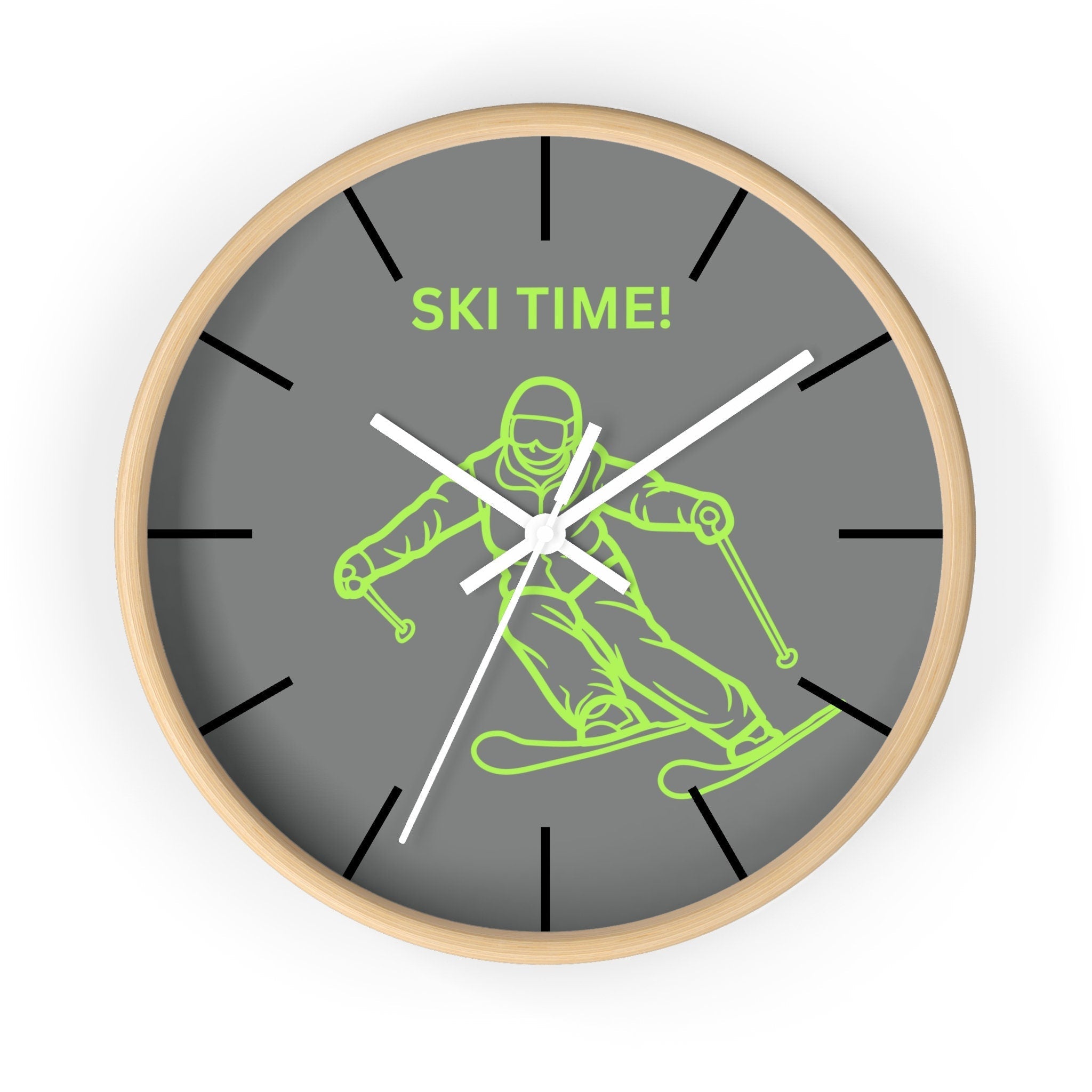 Ski decor with eco-conscious materials. Bold green ski clock for stylish interiors. Skiing gift idea for mountain lovers. Wall clock with ski pole-shaped hands. Green accent clock for ski enthusiasts