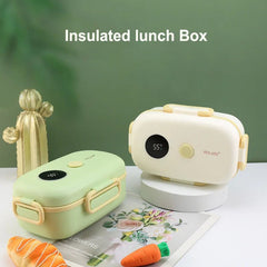 Heated lunch box shown with steam rising from freshly packed food. Parent packing a healthy school lunch into the smart lunch box. Lunch box with LCD screen showing internal food temperature.