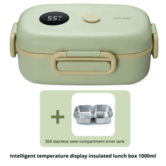 Balanced meal inside the lunch box promoting healthy eating habits. Stainless steel insulated smart lunch box with temperature display.