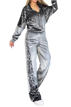 Chic and Comfortable All Day Long. Stylish Leopard Print Two-Piece Pant Set. Fashion and Ease Combined. Roomy Top and Wider Pants. Perfect for All-Day Wear.