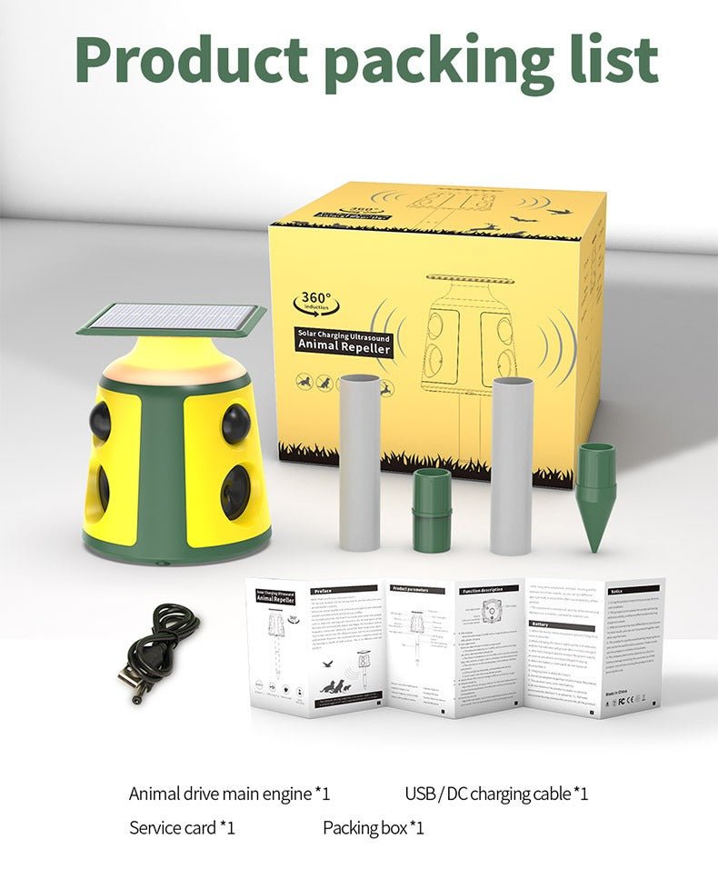 Ultrasonic Animal Repeller In Garden. Solar Powered Bark Stopper Device.