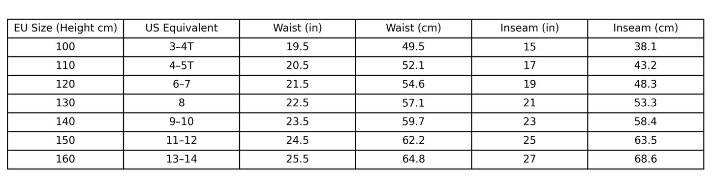 Table showing EU size equivalents to US sizes with measurements for height, waist, and inseam.