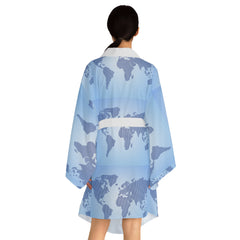 Travel-inspired loungewear robe. Blue and white kimono with bell sleeves. Polyester kimono robe for women