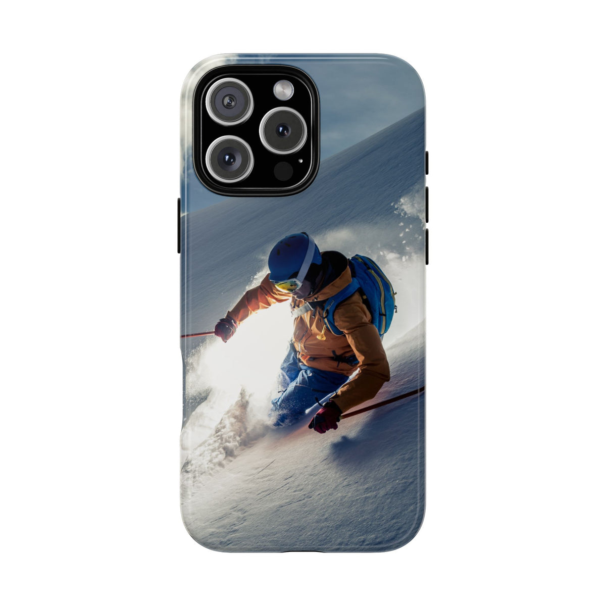 Ski phone case for iPhone 16 Pro Max with skier in powder snow print