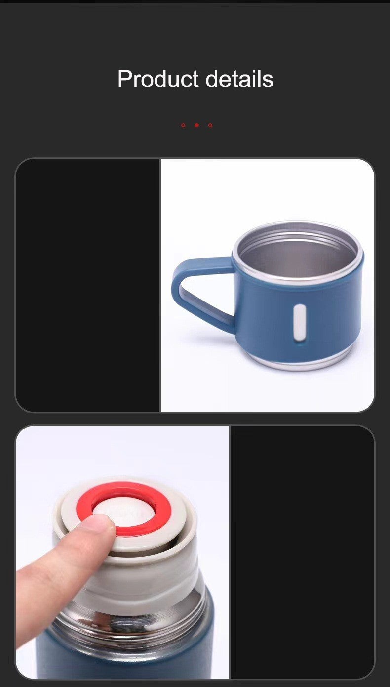 Thermos gift set close-up: blue stainless steel cup with handle and push-button lid