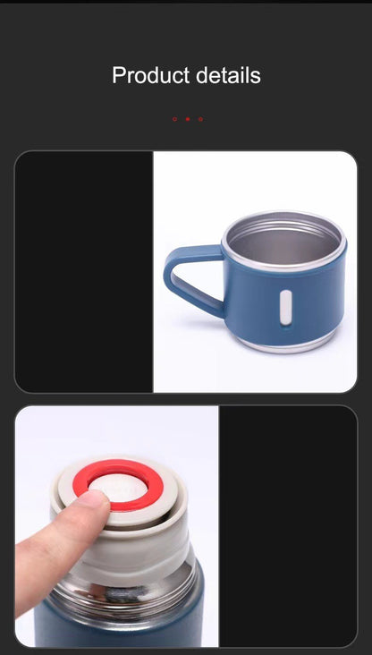 Thermos gift set close-up: blue stainless steel cup with handle and push-button lid