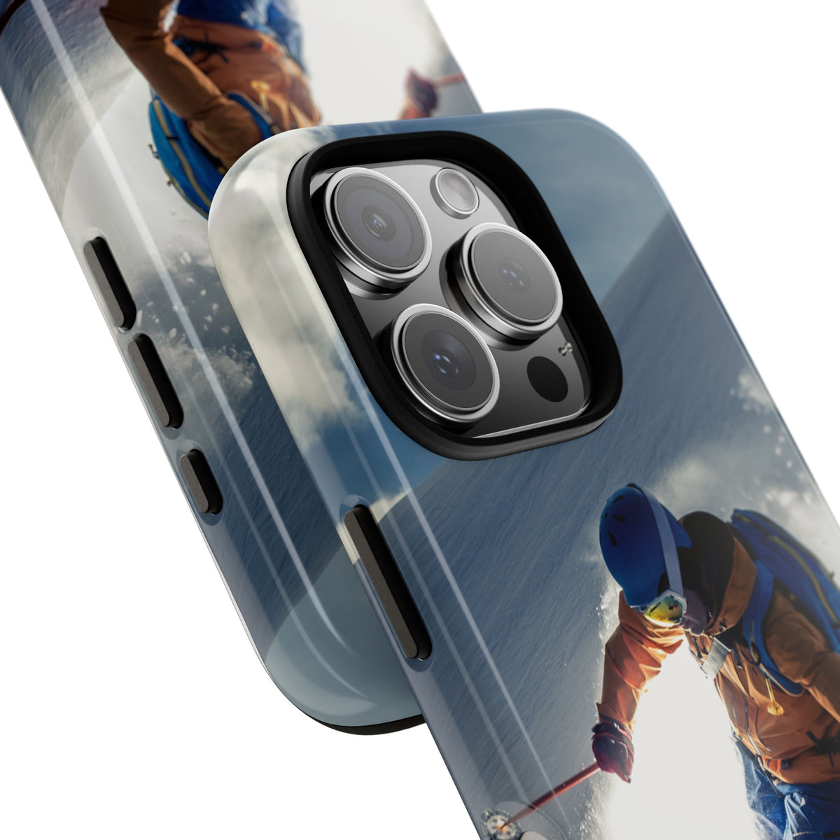 Ski phone case with skier carving down a mountain slope