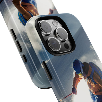 Ski phone case with skier carving down a mountain slope