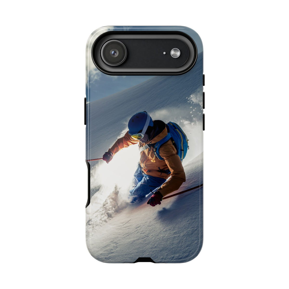 Ski phone case for iPhone 17 Air with skier carving down a snowy slope