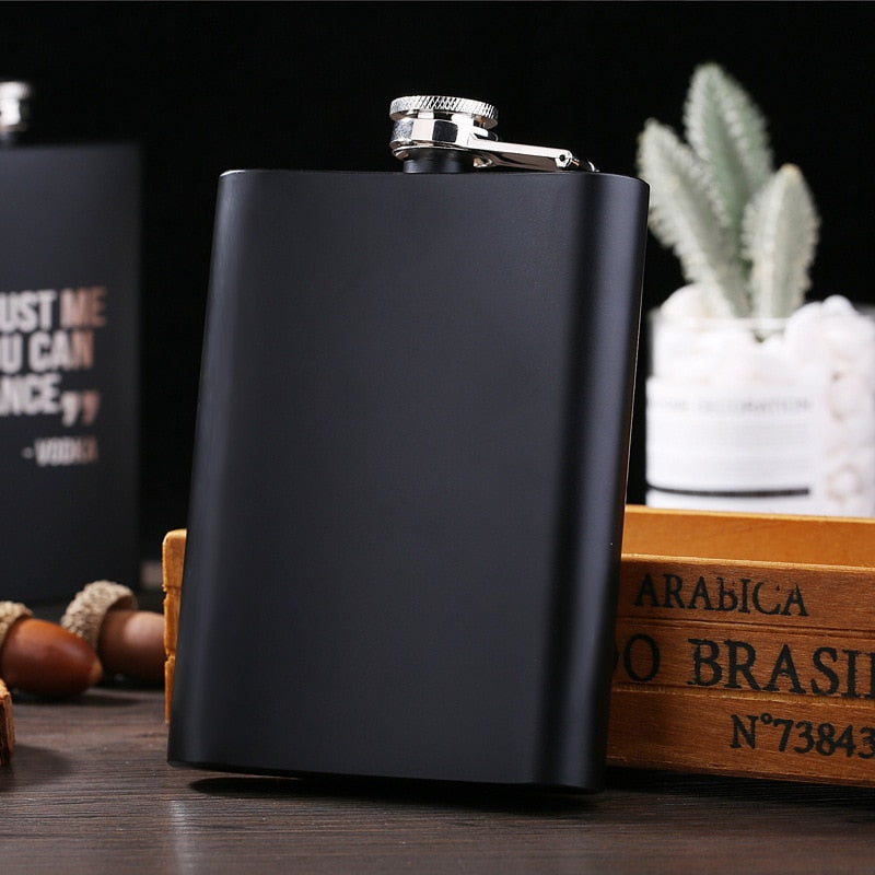 Black matte 8 oz stainless steel hip flask with laser-engraved design – photo 4