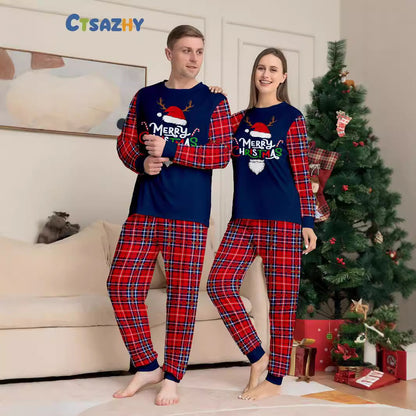 Navy Christmas pajama top with red plaid sleeves and matching plaid pants - Best Gifter Ever