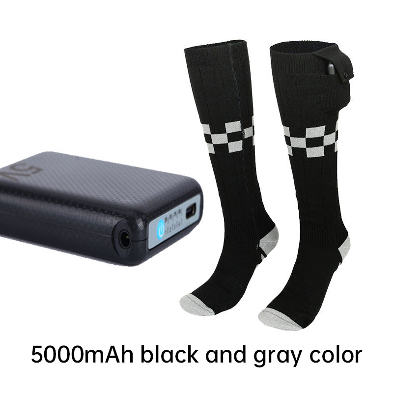 Black and gray rechargeable heated socks with 5000mAh batteries, no-app version