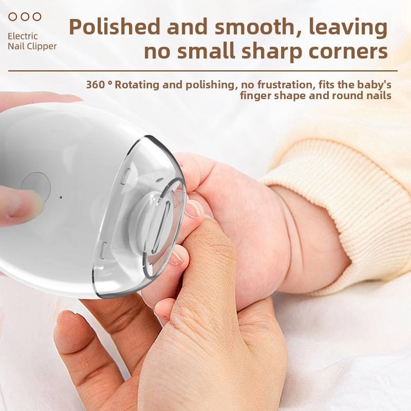 Electric nail trimmer gently filing a baby's fingernail smooth