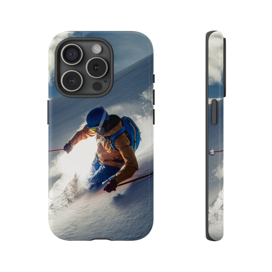 Ski phone case for iPhone 15 Pro, tough case with a skier carving fresh powder