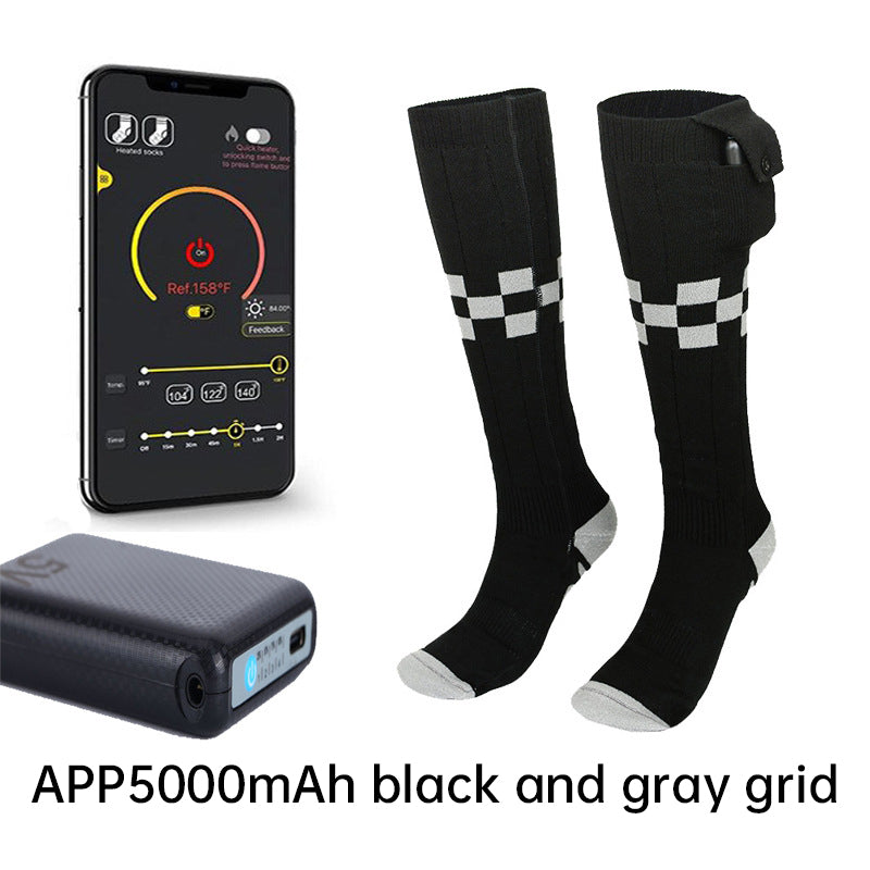 Black and gray heated socks with 5000mAh batteries and phone app control