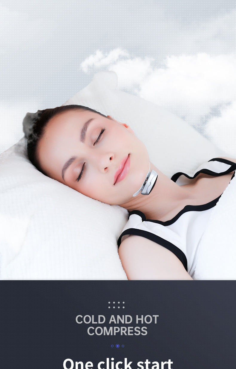 Woman sleeping peacefully wearing the small snore stopper on her throat
