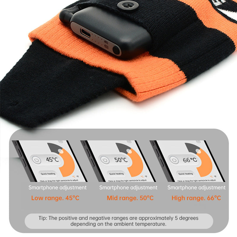 Heated sock battery pocket and app showing 3 heat levels