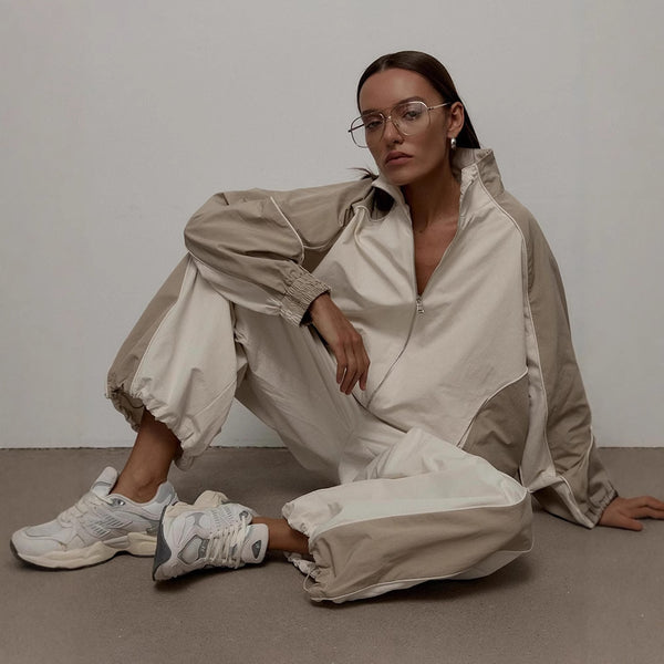 Casual Pant Suit for Women – Color‑Blocked Drawstring Tracksuit Set | Perfect Travel Outfit with Jacket & Long Pants