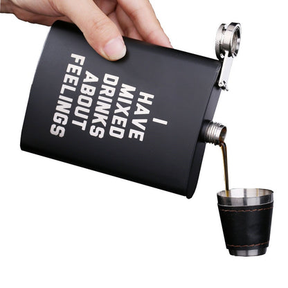 Black matte 8 oz stainless steel hip flask with laser-engraved design