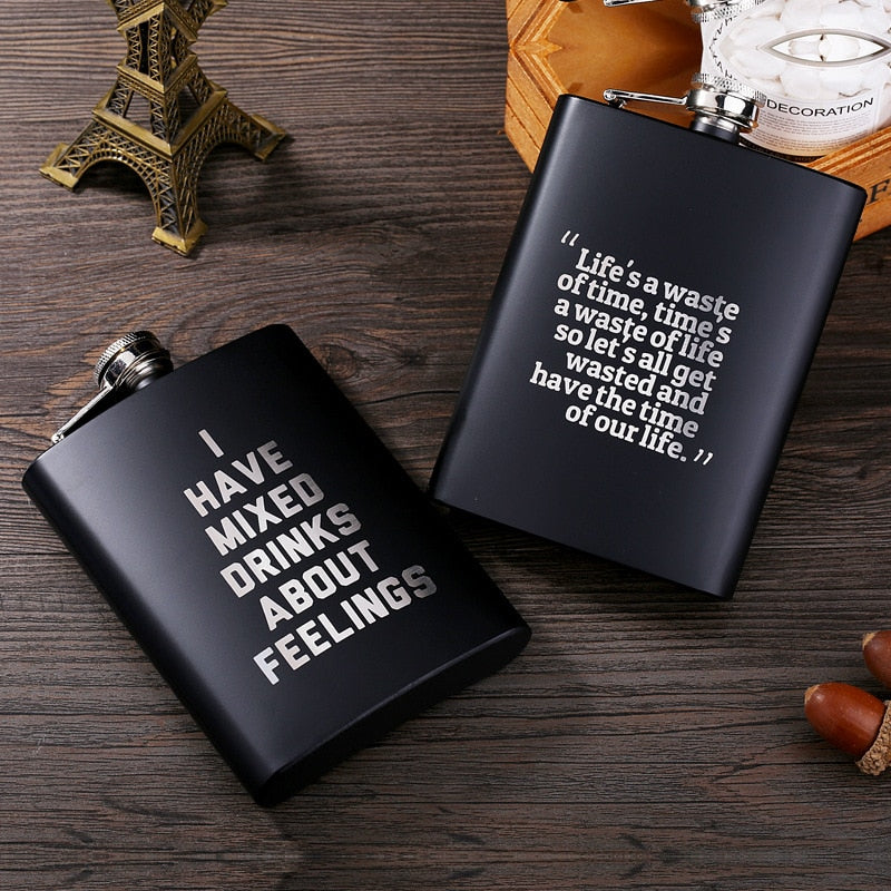 Black matte 8 oz stainless steel hip flask with laser-engraved design – photo 3