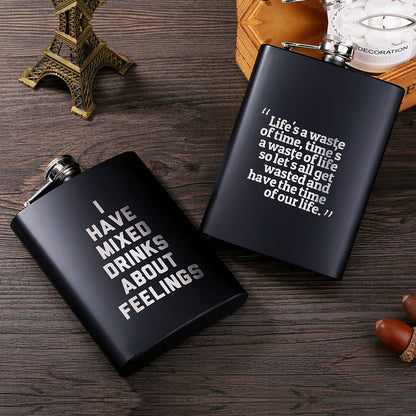 Black matte 8 oz stainless steel hip flask with laser-engraved design – photo 3