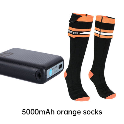 Orange rechargeable heated socks with 5000mAh batteries, no-app version