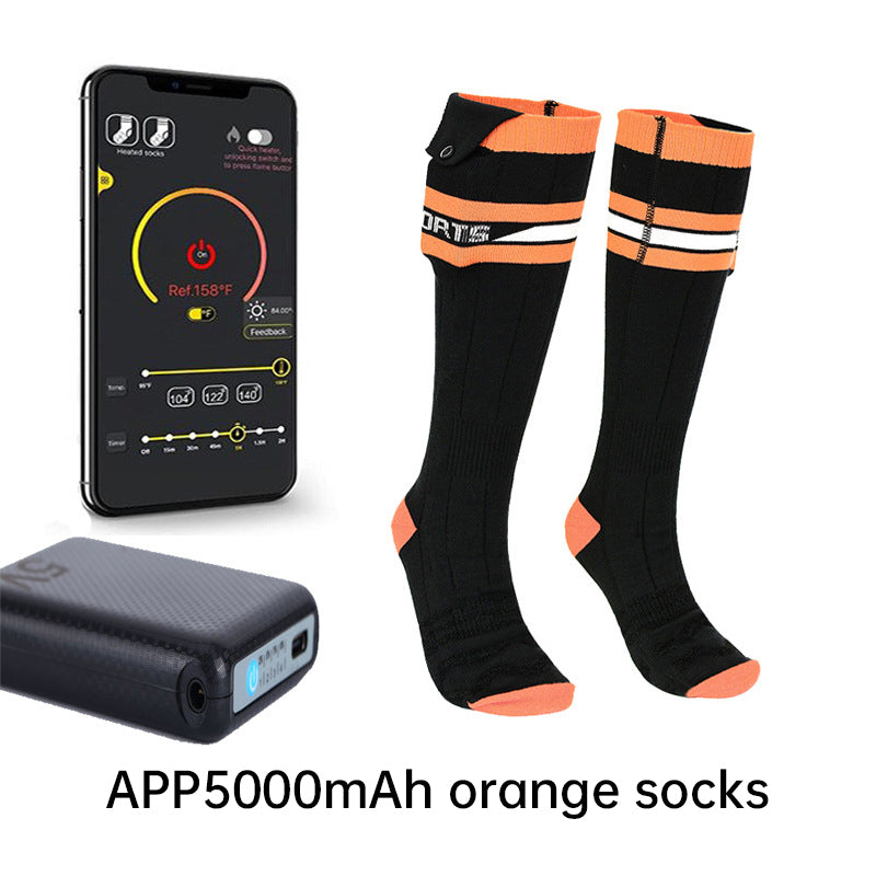 Orange heated socks with 5000mAh batteries and phone app control