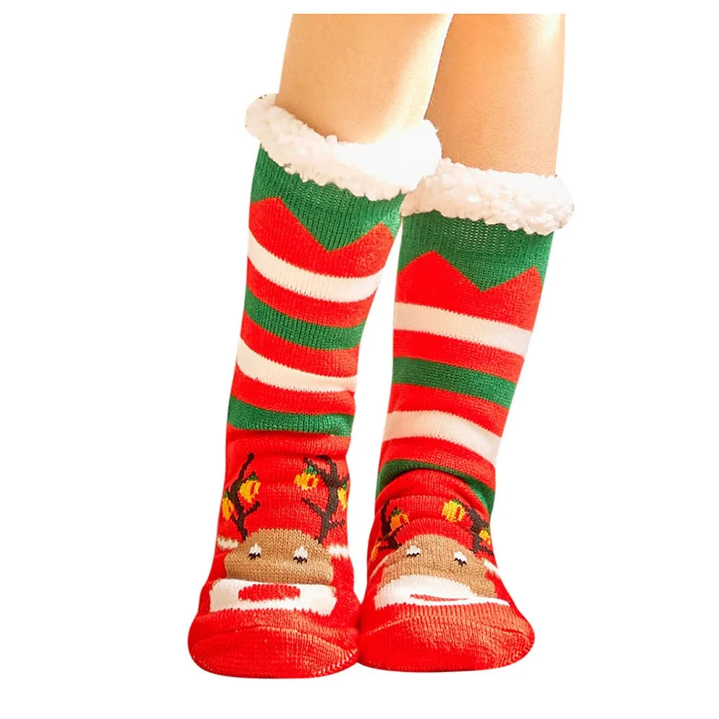 Women's Christmas socks, red and green stripes with reindeer face feet and fuzzy cuffs