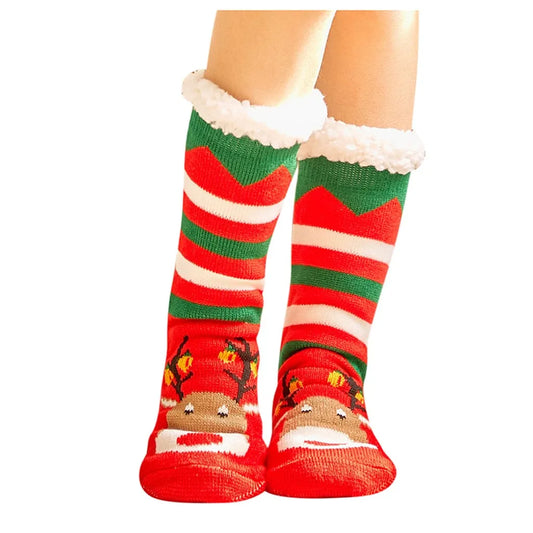 Women's Christmas socks, red and green stripes with reindeer face feet and fuzzy cuffs