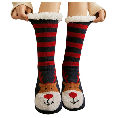 Women's Christmas socks, red and black stripes with reindeer face feet and fuzzy cuffs