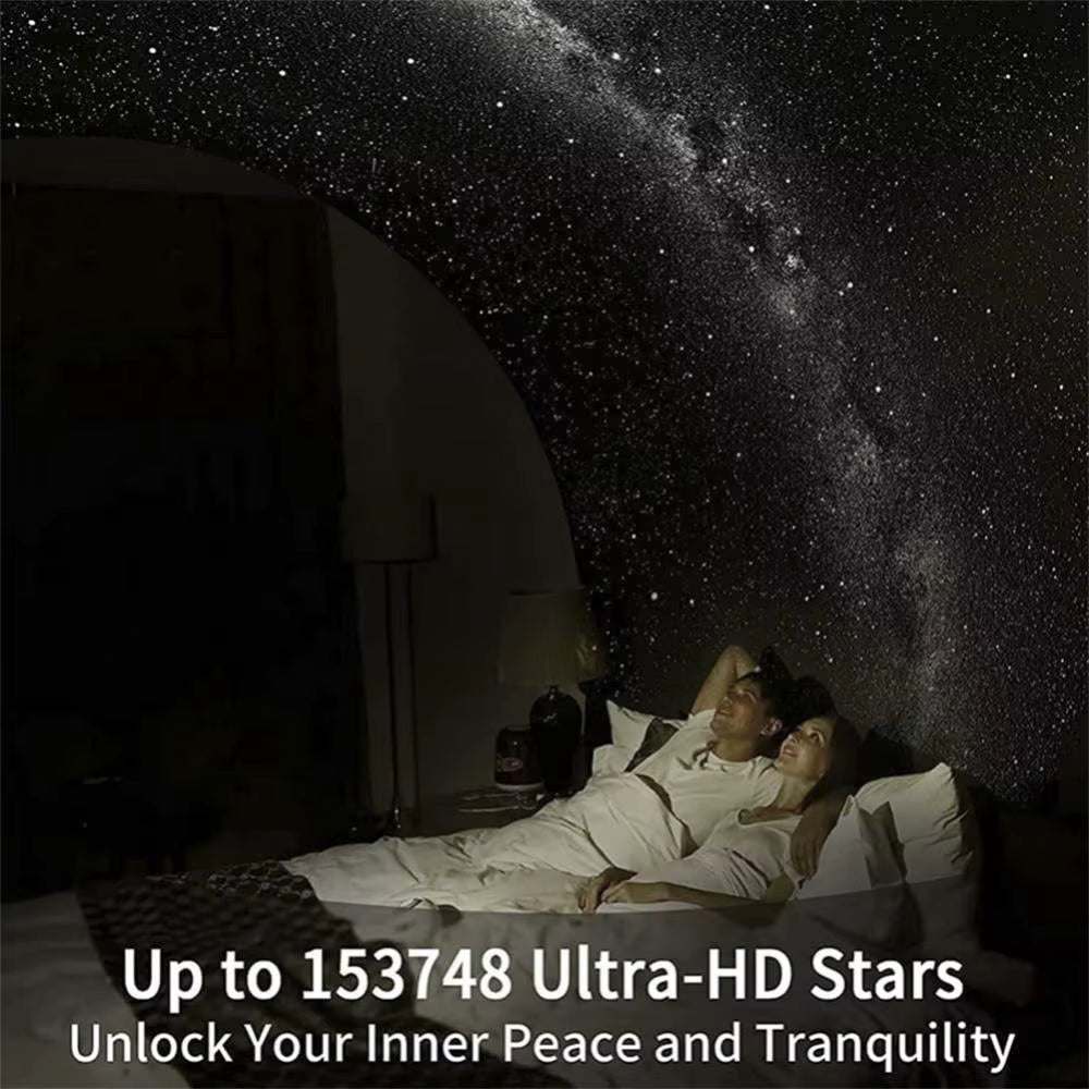 Galaxy star projector filling a dark bedroom ceiling with Milky Way stars