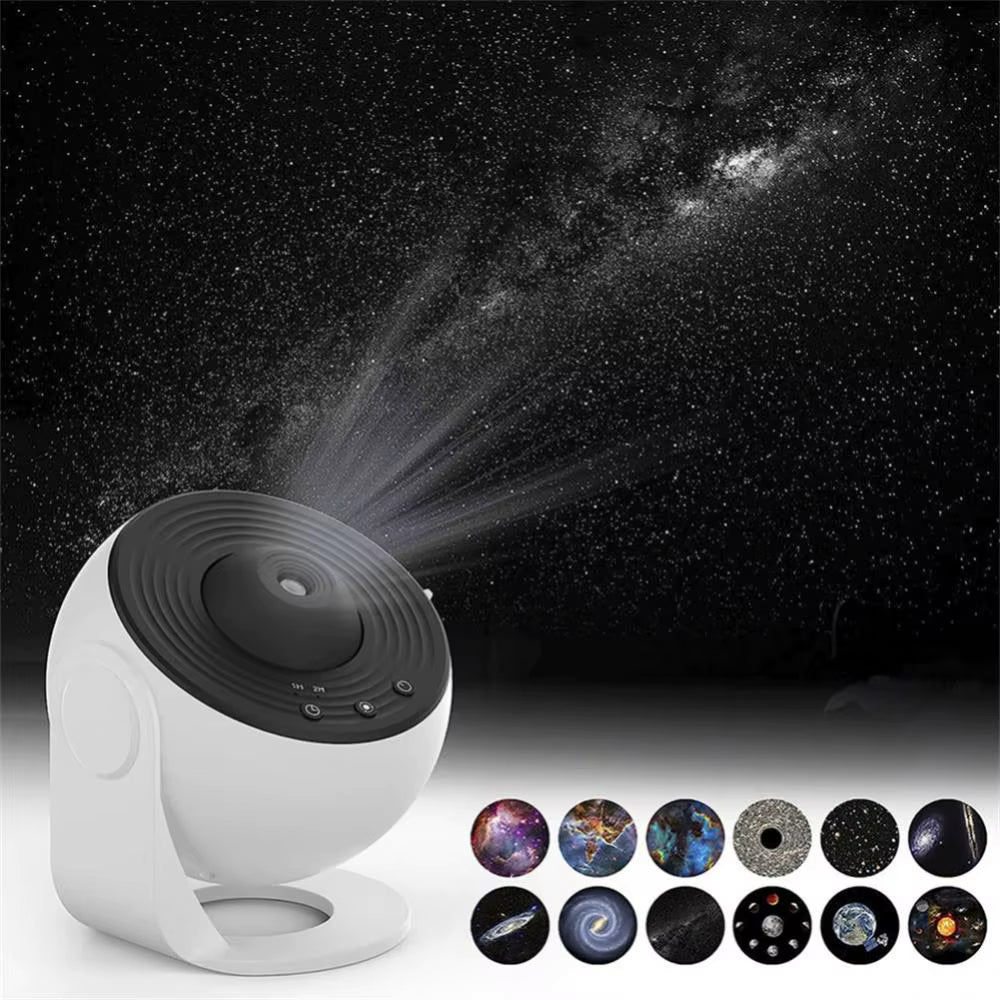 White galaxy star projector with 13 interchangeable space scene discs
