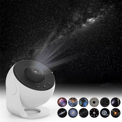 White galaxy star projector with 13 interchangeable space scene discs