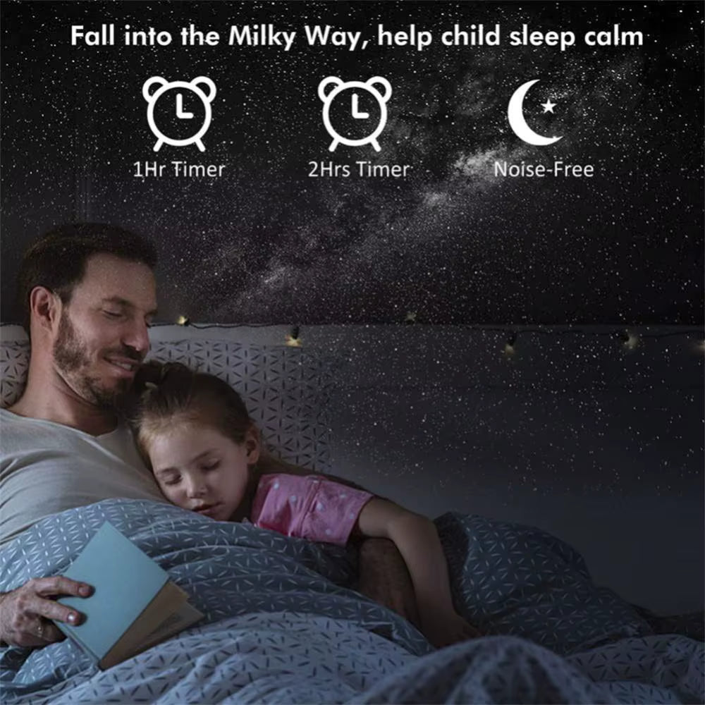 Dad and daughter falling asleep under galaxy stars from the projector, with 1 and 2 hour sleep timers