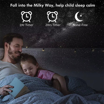 Dad and daughter falling asleep under galaxy stars from the projector, with 1 and 2 hour sleep timers