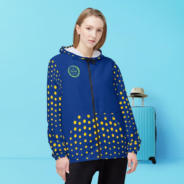 Adventure-Ready Navy-Blue Windbreaker with Hood and Kangaroo Pocket. Lightweight Travel Companion!