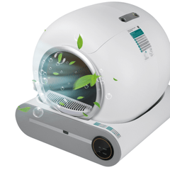A smart cat litter box with automatic cleaning and odor removal. Self-cleaning cat litter box with WiFi app control for easy maintenance. Intelligent cat litter box with health monitoring and weight sensors. Improves Hygiene. Maintains Cleanliness.