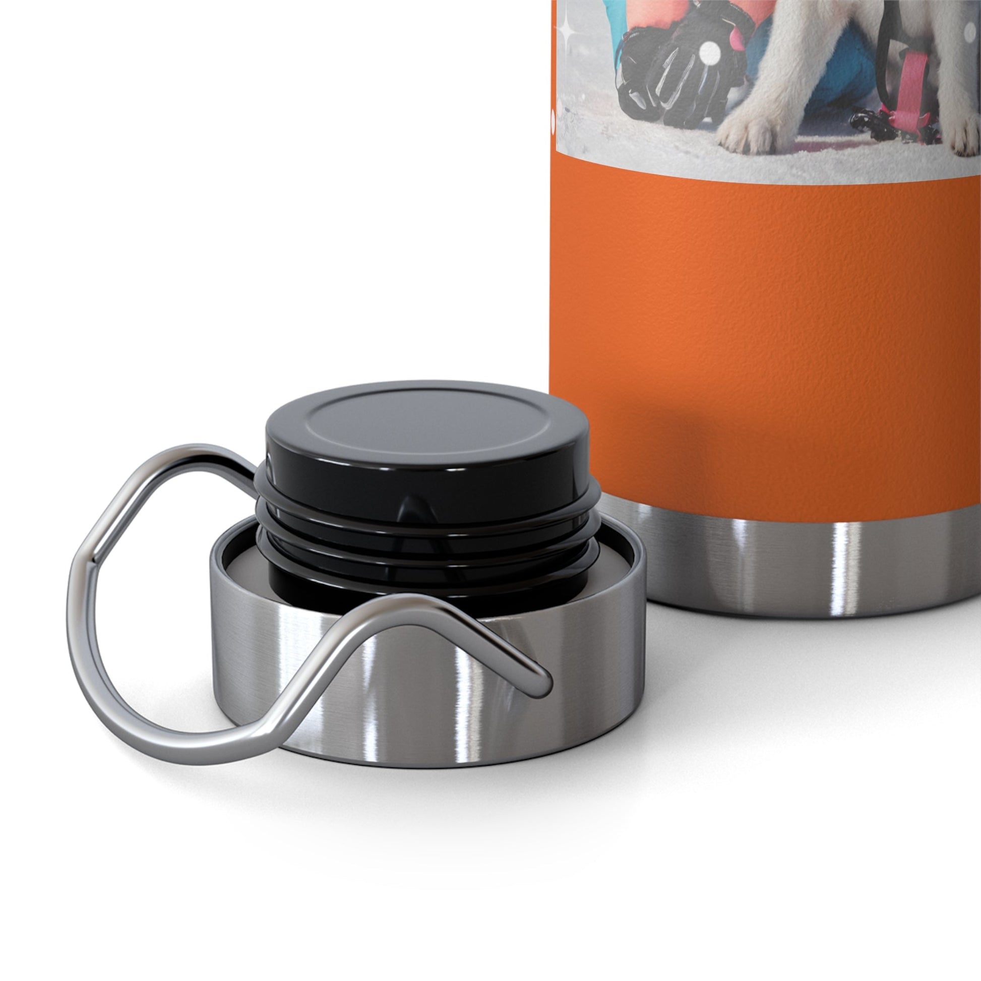 Orange stainless-steel water bottle with lid.